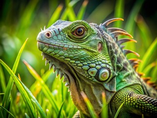 Obraz premium Iguana Walking in Grass, Sharp Claws, Wildlife Documentary Style