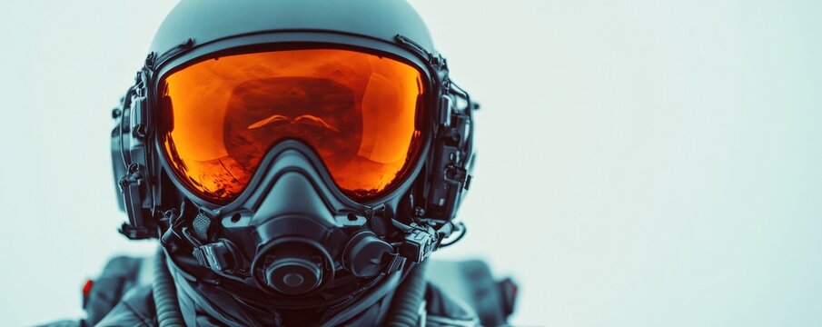 Close-up of a modern fighter pilot helmet with highly reflective orange visor
