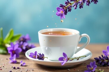 Fototapeta premium Fragrant tea with herbs in a cup on a wooden table on a blue background