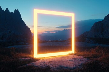glowing square led frame in a surreal mountain landscape under a twilight sky futuristic and artistic conceptual scene