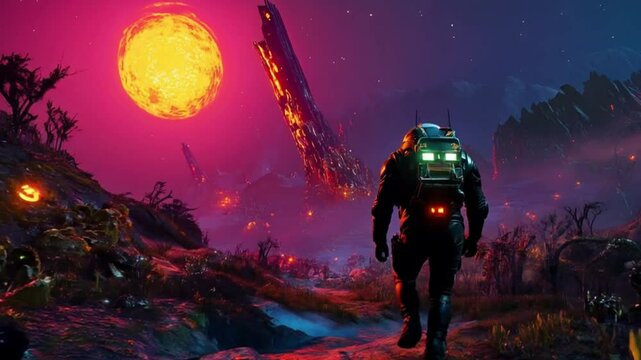 A man walks alone in the alien's planet
