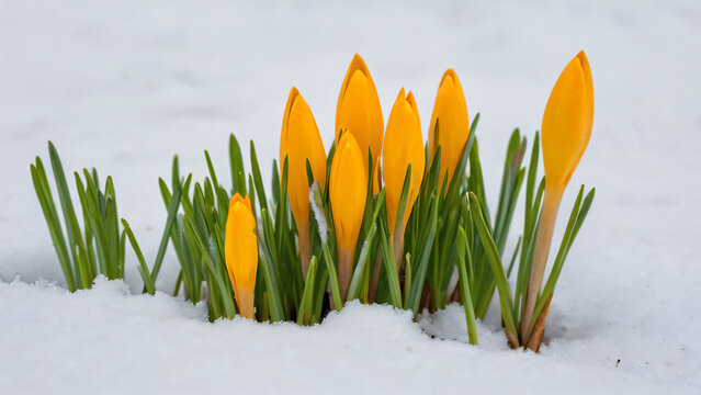 yellow crocus flowers in snow
