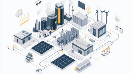 Obraz premium Energy production infrastructure industrial zone infographic modern environment aerial view renewable concepts