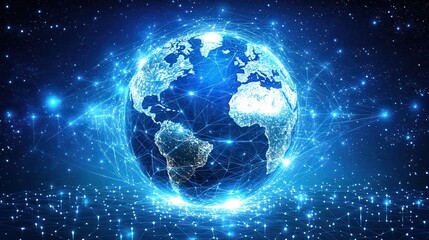 Obraz premium Technology image of globe. Abstract polygonal shapes. Background with connecting dots and lines. Graphic concept for your design