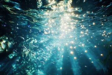 Underwater scene with iridescent fish and soft sunlight