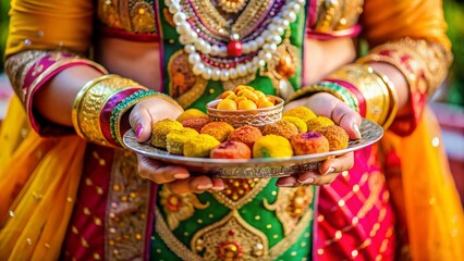 Fototapeta premium Indian Bride's Henna-Decorated Hands Holding Traditional Wedding Sweets