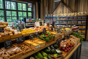 Fototapeta premium Grocery aisle filled with various snacks and cereals on display in a well-organized market during daylight hours