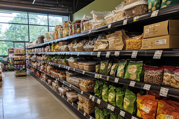 Grocery aisle filled with various snacks and cereals on display in a well-organized market during daylight hours