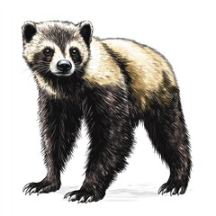 Fototapeta premium Young Japanese raccoon dog standing, white background, wildlife illustration, children's book