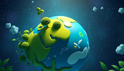 Vibrant, detailed 4K cartoon illustration of a green Earth with eco-friendly elements, featuring cinematic lighting and photorealistic details. Generative Ai