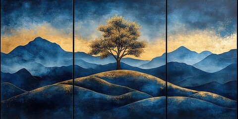 Majestic Mountains and Golden Tree Triptych