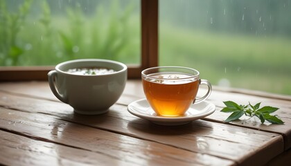 Rustic table surface with cup of herbal tea. Rainy window bokeh background