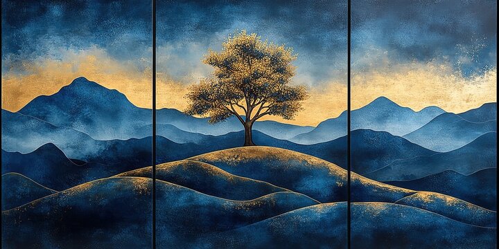 Fototapeta Majestic Mountains and Golden Tree Triptych