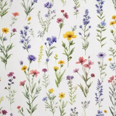 Collection of dainty watercolor wildflowers on a white paper background, summer bloom, inspiration, leaves