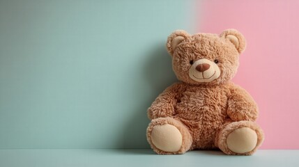 Obraz premium Teddy bear sitting on a wooden table in a cozy indoor setting with soft lighting and simple decor valentine day