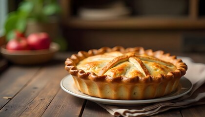 Rustic table surface with freshly baked pie. Country kitchen bokeh effect in background.
