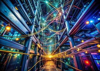 Intricate Digital Network:  Abstract Urban Exploration Photography of interconnected cables and nodes representing the modern digital infrastructure.