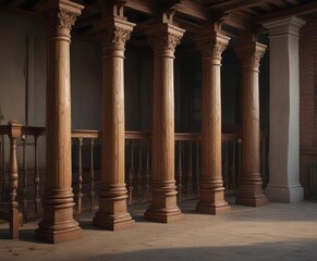 Fototapeta premium Collection of traditional wood columns and railing for historical restoration projects, wood, collection, traditional