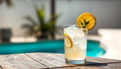 Rustic table surface with glass of iced lemonade and lemon slice. Summer poolside bokeh effect