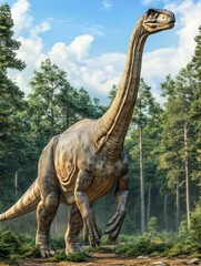 Obraz premium Majestic Dinosaur Roaming in Lush Forest Beneath a Bright Blue Sky with Clouds