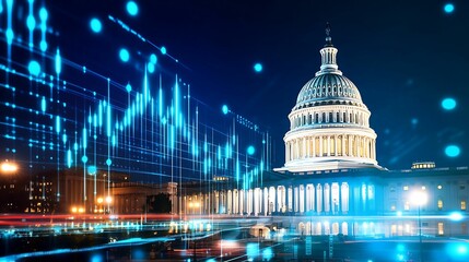 financial data, government building. A digital representation of the U.S. Capitol at night, enhanced with blue data visualization elements, symbolizing technology and governance.