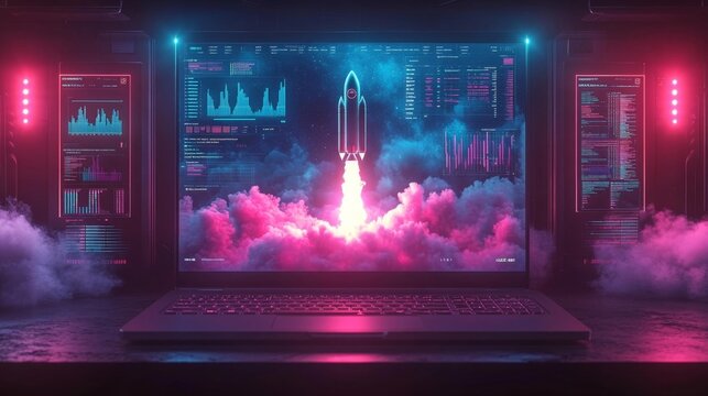 Futuristic Rocket Launch from Laptop Screen. Generative AI