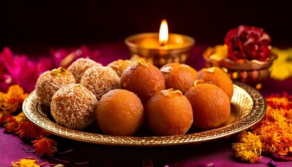 Generated image Diwali festival sweets with Diya lamp and Gift box on the table, 2024 Happy Diwali greeting image