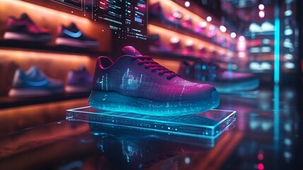 Futuristic Sneaker Display with Holographics. Generative AI