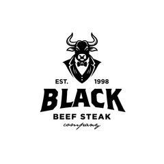 Cow Bull Buffalo With Tuxedo for Beef Cattle Farm Restaurant Ranch Livestock or Premium Quailty Meat or Butchery label logo design