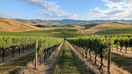 Fototapeta premium Rolling hills and vineyard landscape with rows of vines and dry grass under blue sky