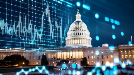 financial data, government building. A digital representation of the U.S. Capitol building with financial graphs overlay, symbolizing the intersection of government and economics.