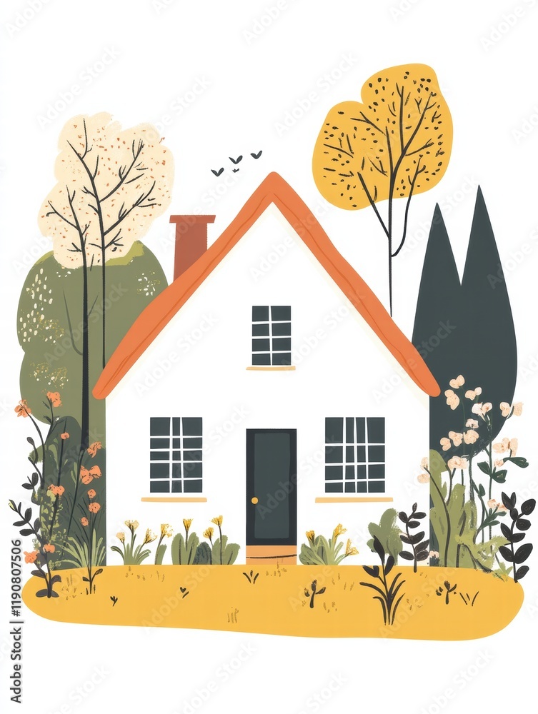 Aufkleber cozy silhouette of a charming house with a vibrant garden surrounded by trees in a warm atmosphere. 