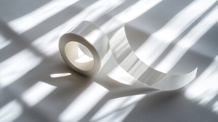 White adhesive tape roll and strip on white surface with light streaks.