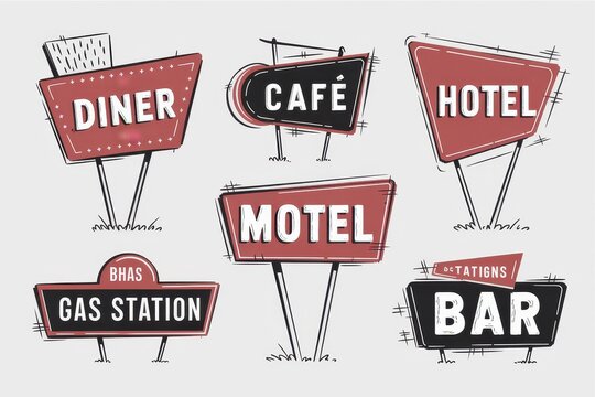 Retro roadside signs advertise diner cafe hotel motel gas station bar