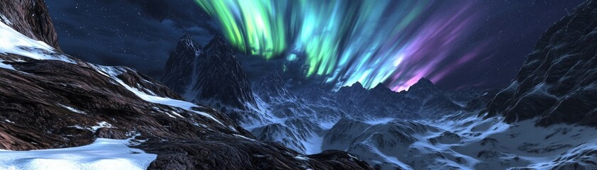 Stunning Aurora Borealis Illuminating a Snow-Capped Mountain Landscape Under a Starry Sky