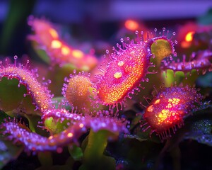 Naklejka premium Close-up of Sundew's insect-catching sticky traps glowing under soft lighting