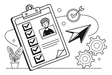 Black and white icon, minimalist design, checklist clipboard, human silhouette, directional arrows, task management concept, productivity symbol, user interface element, simplified graphic, organizati