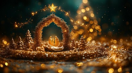 Golden Nativity Scene with Sparkling Christmas Decor. Generative AI