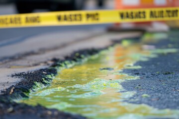 Toxic chemical spill response urban environment close-up visuals hazardous incident safety precautions environmental awareness