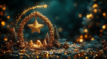 Golden Nativity Scene with Festive Holiday Decor. Generative AI