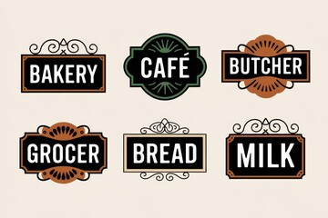 Vintage Shop Signs Collection Featuring Bakery Cafe Butcher Grocer Bread and Milk