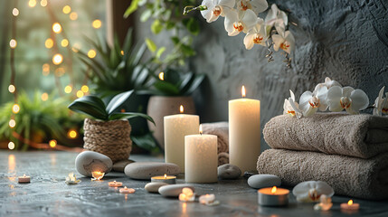 Naklejka premium white candles, Towel,pool, stones massage, essential oils, Orchid
