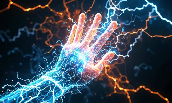 a hand with electrical powers on black screen