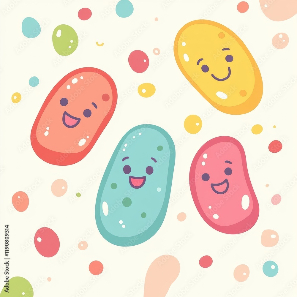 Fototapete cheerful cartoon microbes with smiling faces on a colorful background, showcasing joy and playfulnes