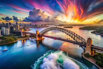 Obraz premium Surreal Aerial View: Sydney Harbour Bridge, Dreamlike Cityscape