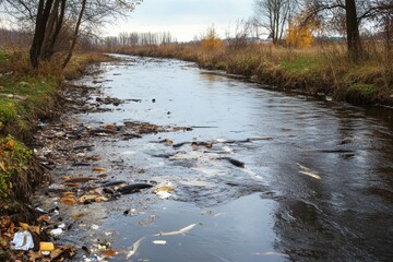 Toxic waste pollution impacting river ecosystem local community environmental analysis urban landscape eye-level perspective awareness campaign