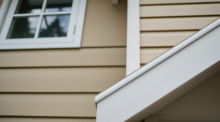 Modern House Exterior: Beige Siding, White Trim, and Classic Design. High-quality image of a residential home's architecture, showcasing its exterior details and modern style.