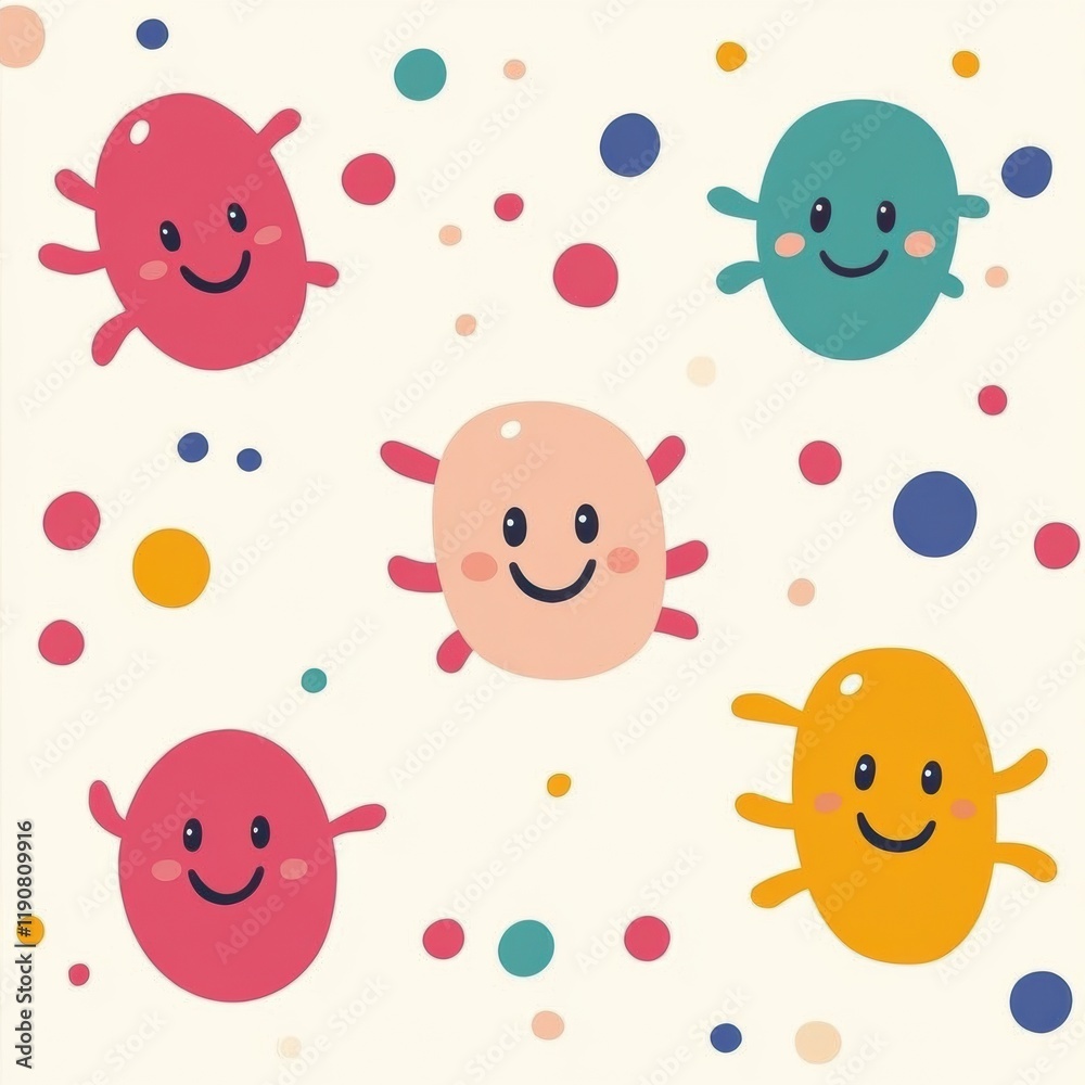 Poster colorful and smiling cartoon microbes joyfully interacting in a whimsical environment filled with pl