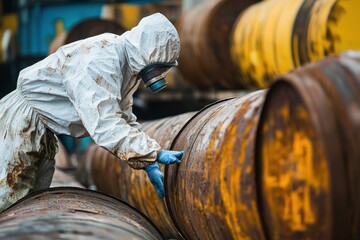 Fototapeta premium Toxic substance inspection industrial facility worker in protective suit hazardous environment close-up view safety measures in action