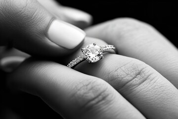 A close-up view features a hand gently holding an exquisite engagement ring, showcasing a brilliant diamond set against a contrasting dark background, emphasizing its shine